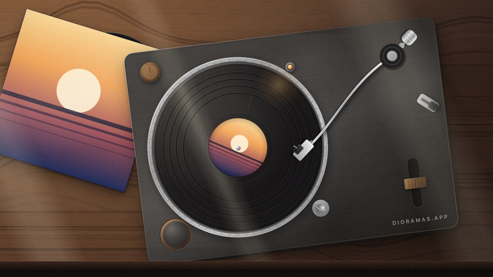 A record deck on a sunlit walnut desk, the album cover printed on the label.