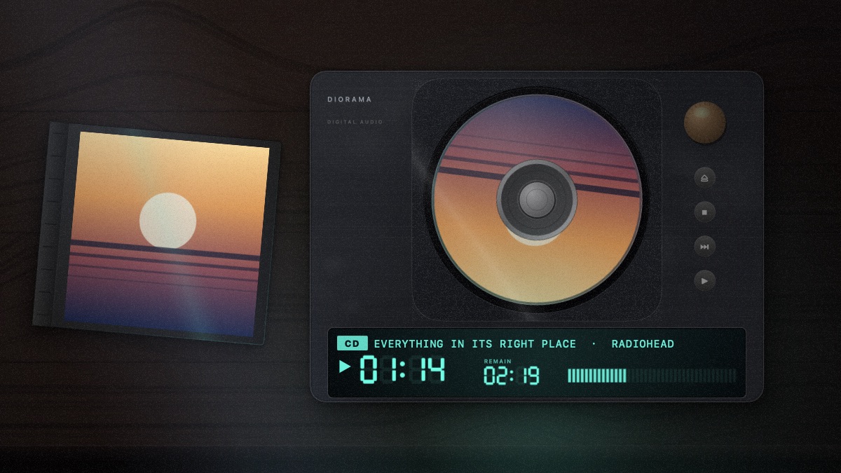 A top-loading CD player on a dark walnut table, the disc turning under the lid and a blue-green display counting the track out.