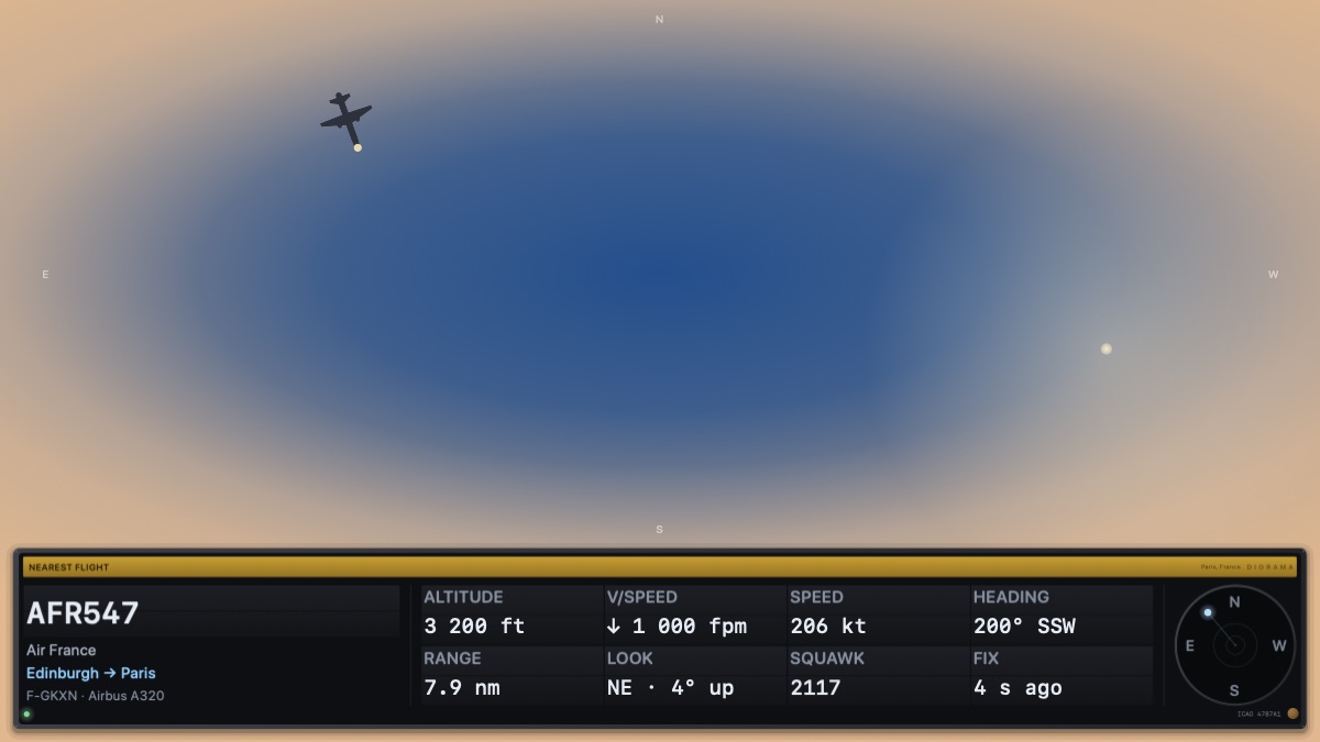 The same view straight up at the sky, one airliner crossing it, and a panel along the bottom naming the flight, its airline and route, its altitude, speed and heading, and a small dial showing which way to look.