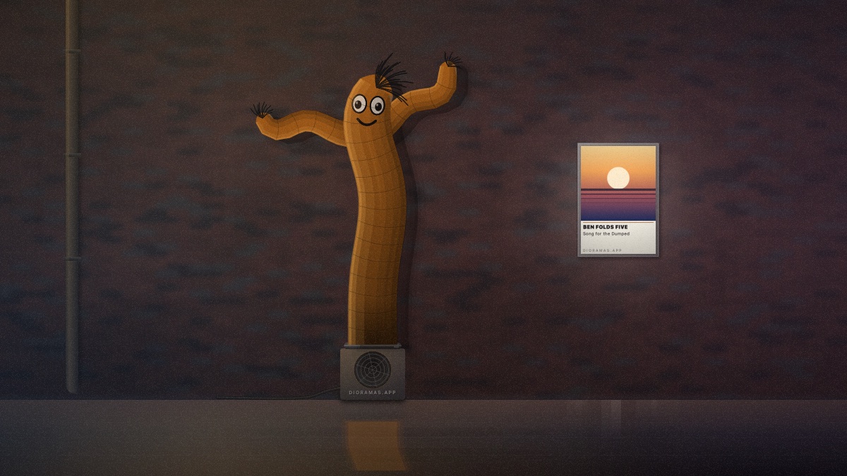 An inflatable tube dancer in the alley at night beside a backlit poster of the album.