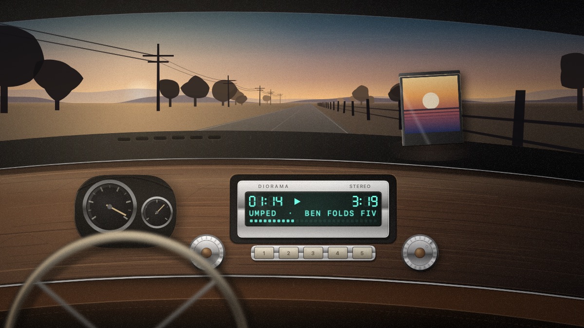 A car head unit in a painted dashboard, a low sun and telegraph poles going past the windscreen, and the track title scrolling across its green display.